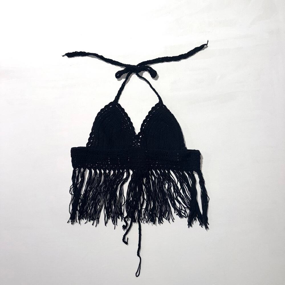 Black crochet halter top with fringe detail